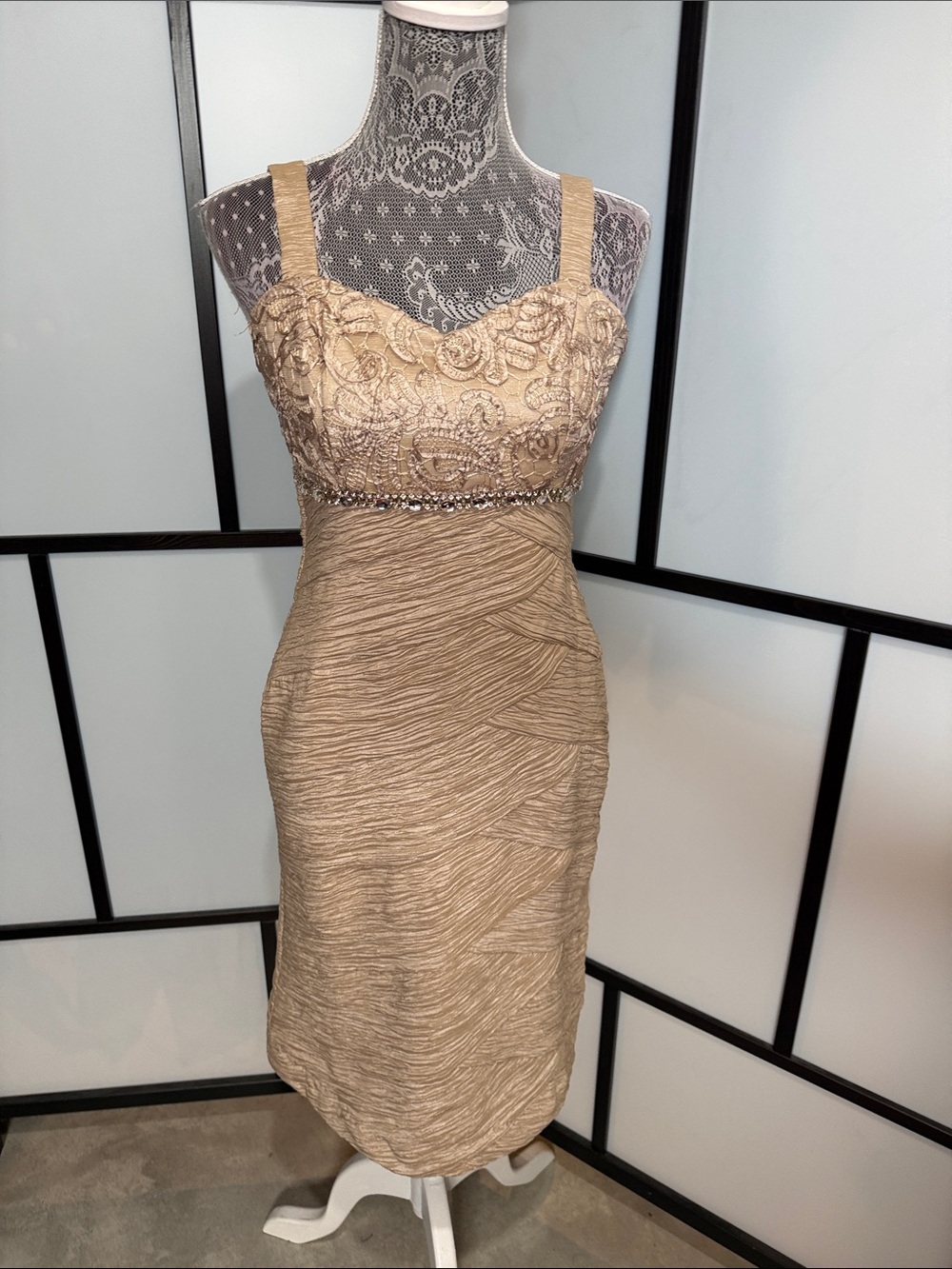 Cachet Gold-Beige Lace Bodice Midi Dress